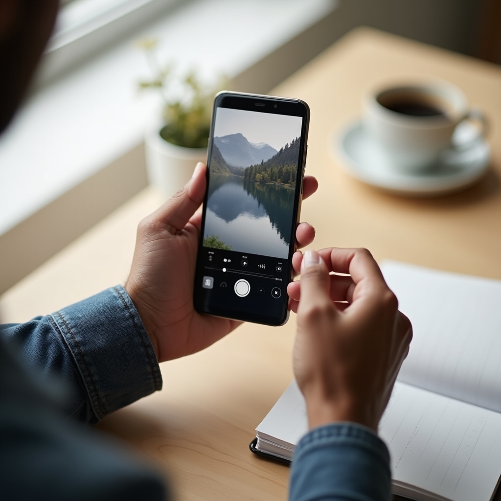 Dłonie trzymające smartfon podczas prostej obróbki zdjęcia