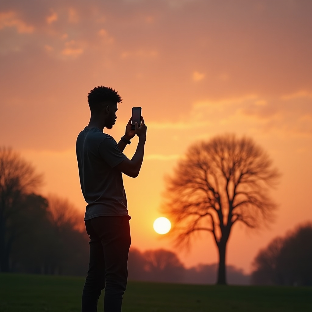 Sylwetka fotografowana pod światło podczas złotej godziny w parku