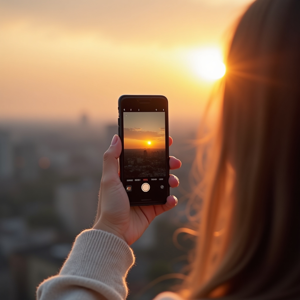 Dłoń trzymająca smartfon podczas fotografowania złotej godziny