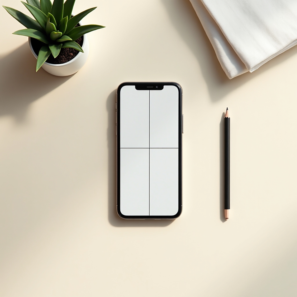 Minimalistyczna kompozycja telefonu na jasnym tle z liniami pomocniczymi